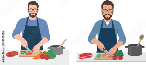 Professional male chef characters wearing aprons cooking in the kitchen cutting fresh vegetables and meat flat vector illustration