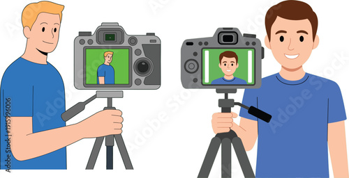 Professional male photographer and videographer characters filming with digital cameras on tripods, flat vector illustration isolated on white