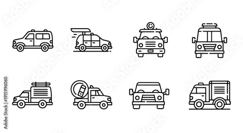 Set of black and white delivery and service vehicle icons including van, truck, ambulance, and cement mixer, perfect for logistics and transportation design projects