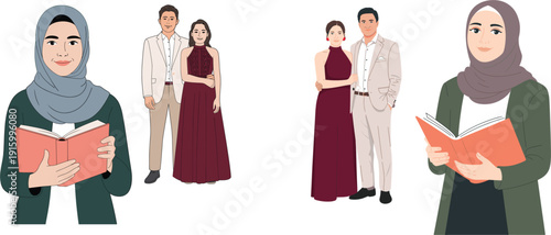 Professional Muslim woman character wearing hijab reading a book and elegant young couple in formal evening wear vector