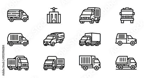 Set of black line icons of various trucks and a building, delivery and transportation concept, perfect for logistics and industrial design projects