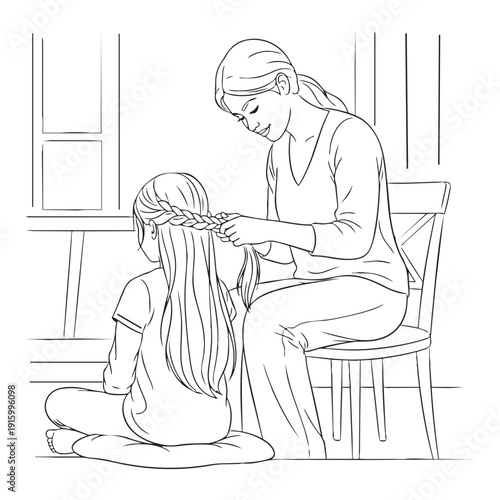 Mother braiding daughter's hair, home scene, line art illustration