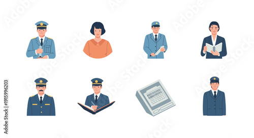 Set of diverse police officers and individuals reading or holding documents, communication and security concept illustrations