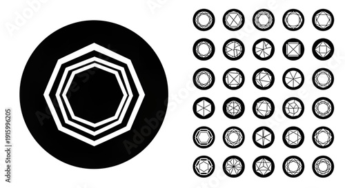 Collection of geometric aperture diaphragm icons on black background, abstract patterns