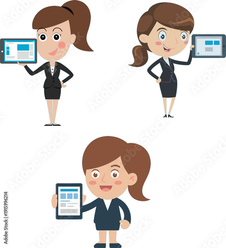 Professional young woman character set holding digital tablet, female business office worker mascot in flat vector cartoon style
