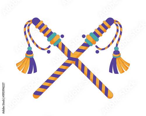 Dandiya sticks illustration, vibrantly decorated sticks crossed for traditional Indian folk dance, celebrating Navratri festival and rich cultural heritage symbolism.