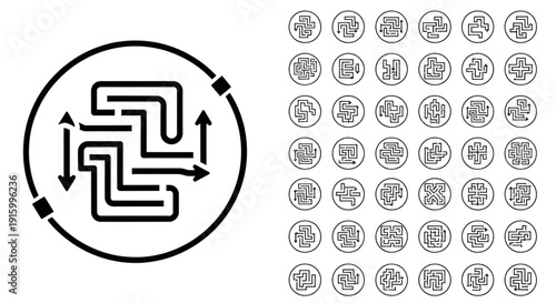 Maze labyrinth icons collection, abstract puzzle and challenge designs.