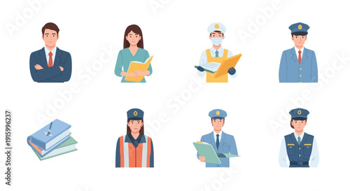 Set of diverse professional people including businessman, nurse, chef, police officers and books, ideal for education and career concept illustrations