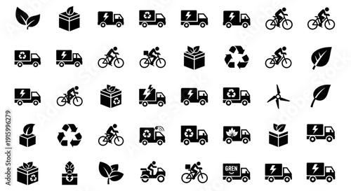 Set of 40 green energy and ecology icons collection black and white style isolated on white