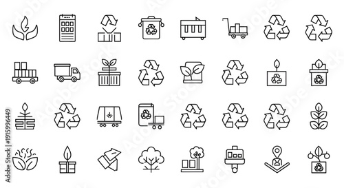 Recycling and ecology icons set with plants leaves trucks and containers for eco friendly waste management
