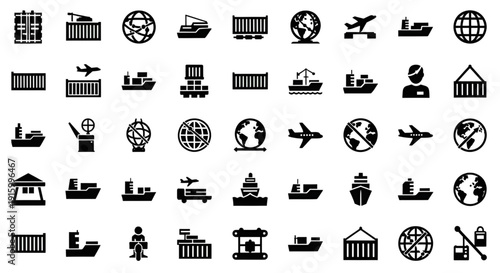 Set of shipping and delivery black icons container ship global trade airplane transport cargo