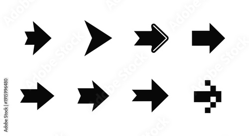 Collection of eight black right-pointing arrow icons showcasing various modern, classic, geometric, and pixelated design styles for navigation interfaces and user experience elements