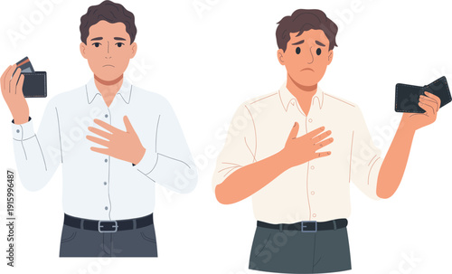 Sad Man Holding Empty Wallet Financial Crisis Concept Bankruptcy Unemployment Debt Poverty Problem Flat Vector Illustration Isolated on White Background