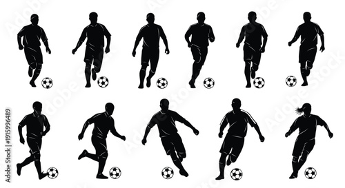 Collection of dynamic black silhouette vector illustrations showcasing diverse male and female soccer players in various dribbling and running action poses across the field.