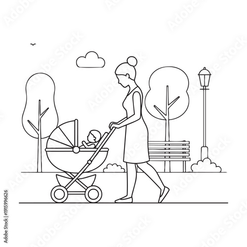 Mother pushing a baby stroller in a park, clean line art illustration