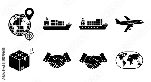 Global cargo transportation airplane ship delivery box handshake partnership world map logistic