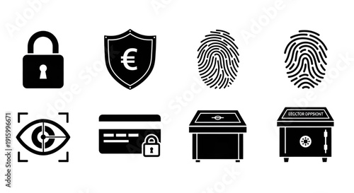 Security and biometric authentication icons including padlock shield fingerprint eye scan and credit