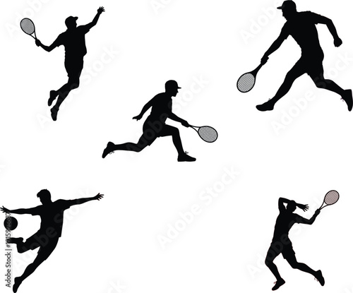 Set of black and white vector silhouettes featuring professional tennis players in various action poses and sports positions isolated on white background
