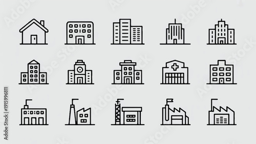 Outline vector building types icon set in a minimalist style, illustrating diverse architectural forms for design and concepts