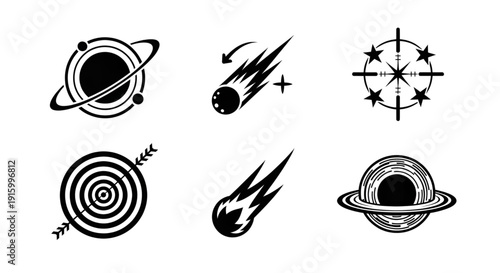 Cosmic and target symbols planet with rings comet asteroid target with arrows and black hole vector icons