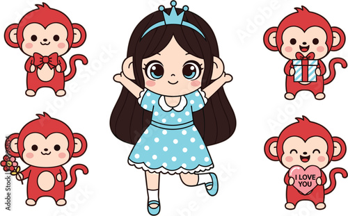 Cute red monkey cartoon character vector set featuring adorable monkey holding gift flowers and heart alongside a little princess