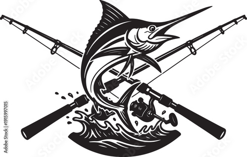 Black and white marlin fish jumping with crossed fishing rods illustration for a sport fishing emblem
