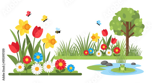 Cartoon spring scene with colorful flowers butterflies and a small pond