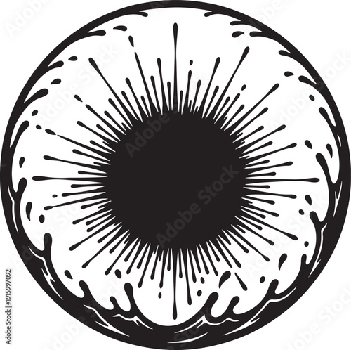 Vintage stylized eye illustration with radiating sunburst iris design in black and white