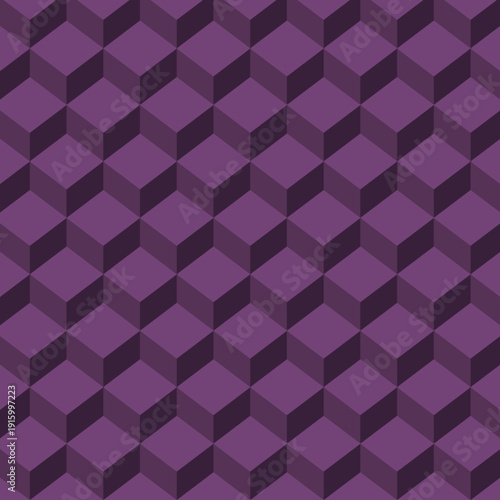 Seamless vector pattern featuring a repeating isometric cube grid in shades of deep plum and dark violet, creating a subtle 3D optical illusion texture.