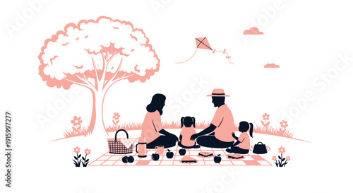 Family enjoying a picnic under a tree with a kite flying nearby