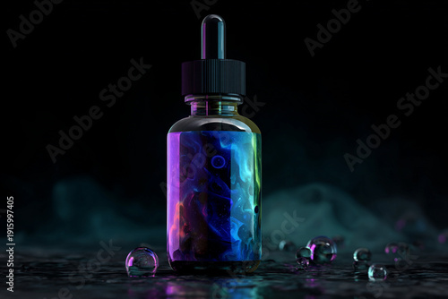 A glass dropper bottle filled with iridescent, swirling cosmic fluid in neon purple and blue, surrounded by floating liquid bubbles.