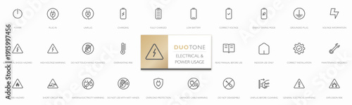 Modern electrical and power usage icon set with minimalist line style. Includes instruction and warning symbols for appliances, batteries, voltage, safety. Editable stroke. Vector Illustration