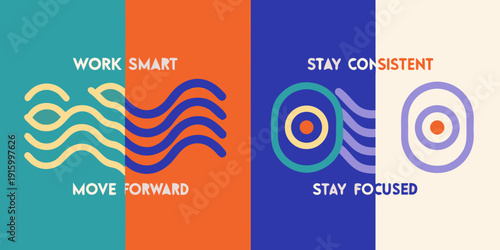 Colorful abstract design with motivational phrases and circular graphic elements across four panels