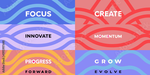 Abstract graphic design with motivational words focus create innovate and momentum in colored quadrants