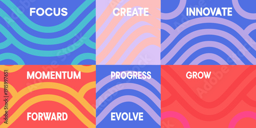 Abstract design featuring focus create innovate and other motivational words in colored panels