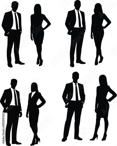 Set of professional business man and woman silhouette vector illustrations, corporate male and female characters in suits standing in various formal poses isolated on white background