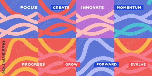 Abstract geometric pattern with vibrant colors and motivational words like focus create and evolve