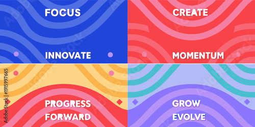 Four quadrants display words like focus create innovate and momentum in a colorful abstract design