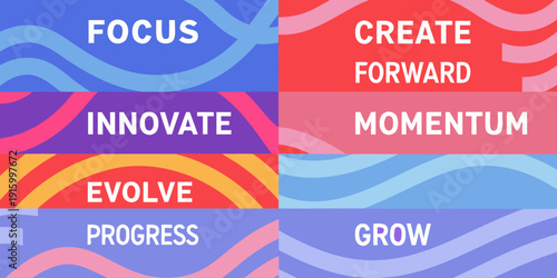 Colorful abstract design with motivational words like focus create innovate and evolve displayed prominently