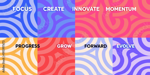 Four quadrants display words related to progress innovation and growth in vibrant color schemes