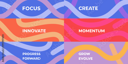 Abstract graphic design featuring colorful blocks with motivational words like focus create innovate and grow