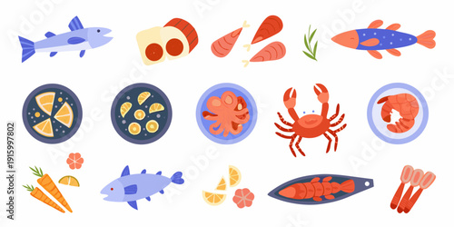 Various seafood illustrations including fish crab shrimp scallops and lobster arranged in a colorful display