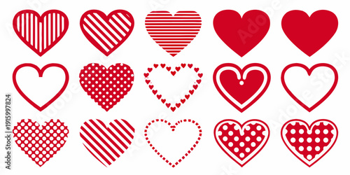 Collection of various red heart shapes and patterns isolated on a white background