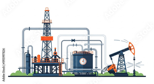 Oil rig and pumpjack at an industrial petroleum extraction site.