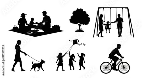 People enjoying various outdoor activities in a bright cheerful park scene