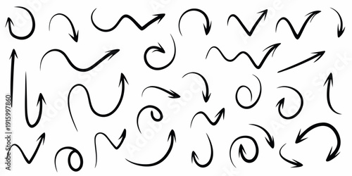 Collection of various black arrows pointing in different directions on a white background