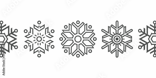 Five stylized snowflake line drawings in a row against a white background