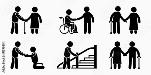 Silhouette icons depicting elderly people mobility assistance and navigating stairs with support