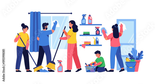 A man cleaning with various tools and supplies in a simple illustration