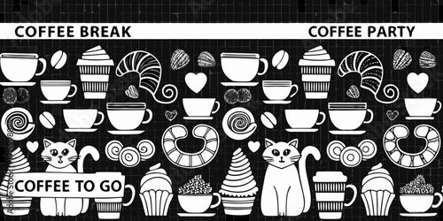 A whimsical black and white illustration featuring coffee pastries cats and a coffee to go sign